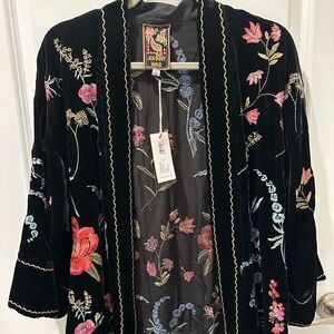 Johnny Was Black Velvet Kimono with Floral Embroidery